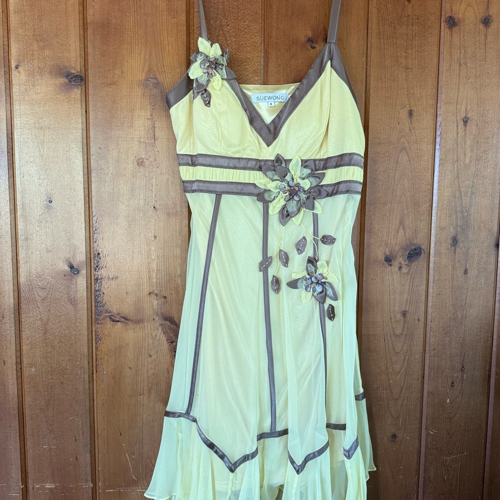 NWT Sue Wong silk chiffon Elegant Yellow and Brown Dress